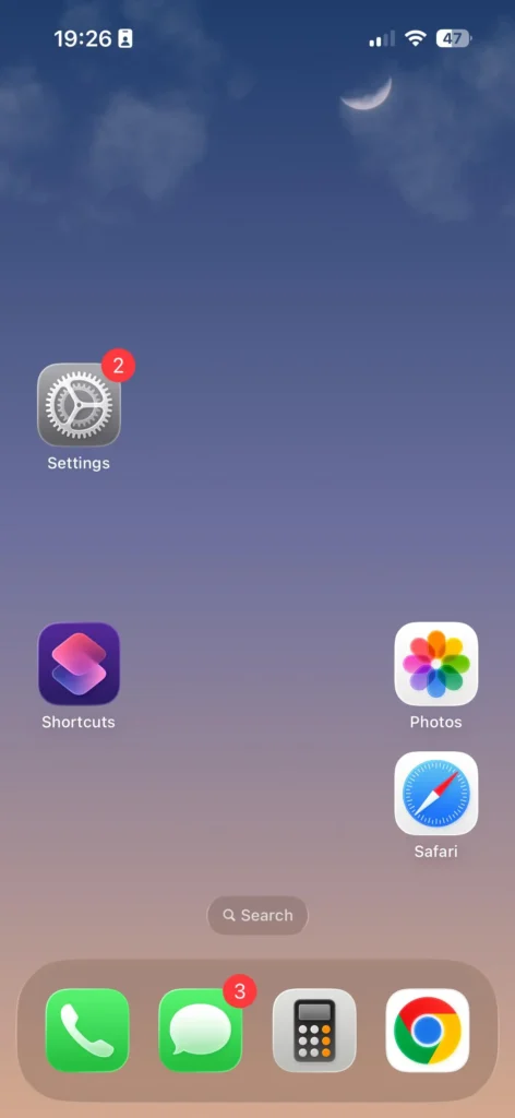 iPhone home screen showing the Settings app icon before changing the device name