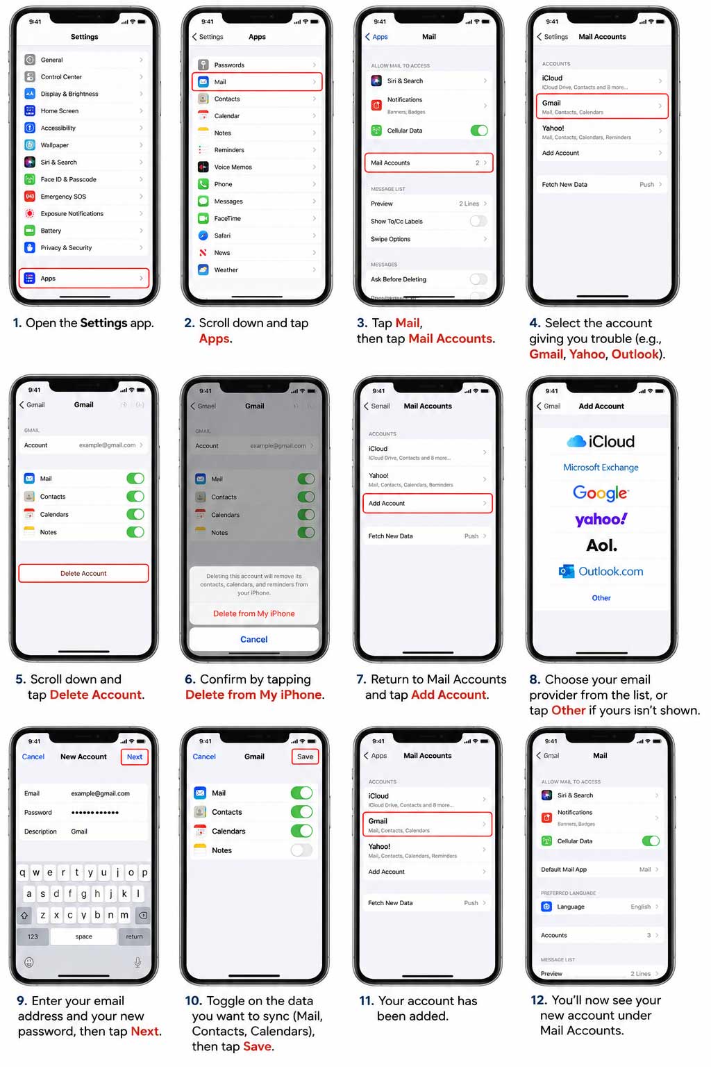 iPhone Mail Accounts page displaying Gmail and iCloud account options