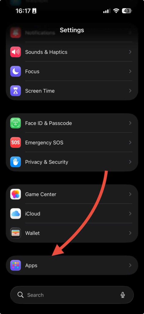 iPhone settings screen pointing to the Apps section