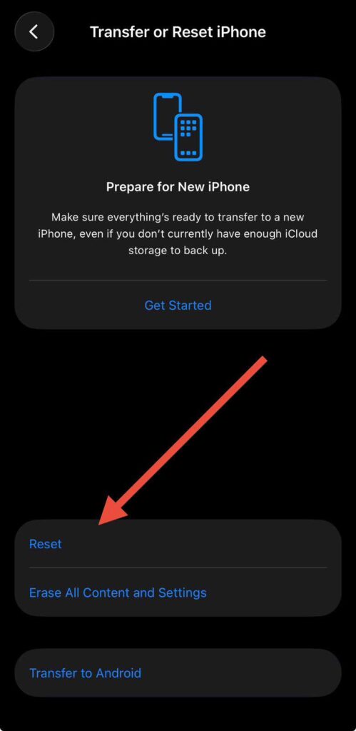 iPhone Reset option screen used to troubleshoot speaker and audio problems