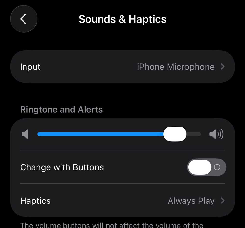 Sounds and Haptics settings on iPhone with ringtone and alerts volume slider enabled