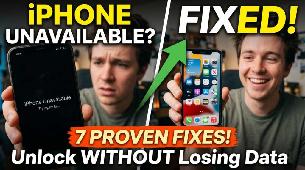 iPhone showing unavailable screen compared with unlocked phone after fix