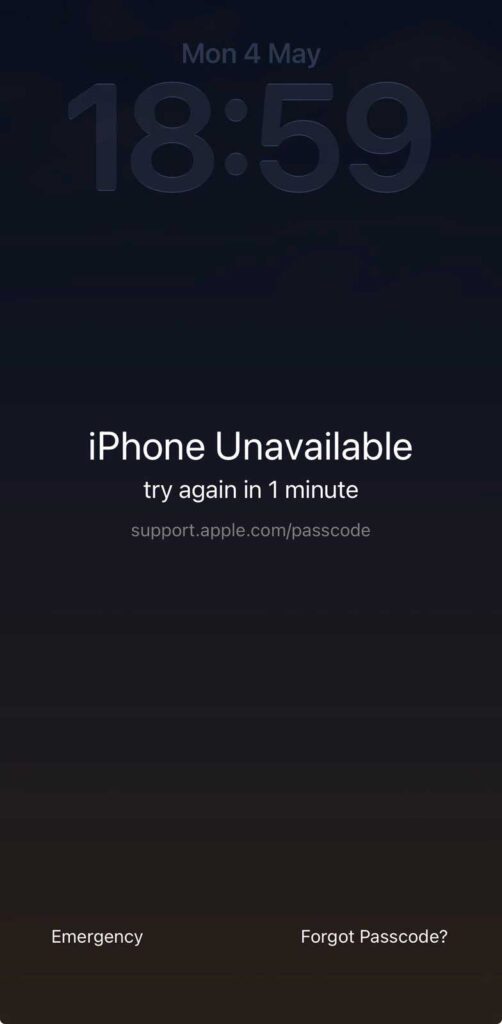 iPhone unavailable message with try again timer on lock screen