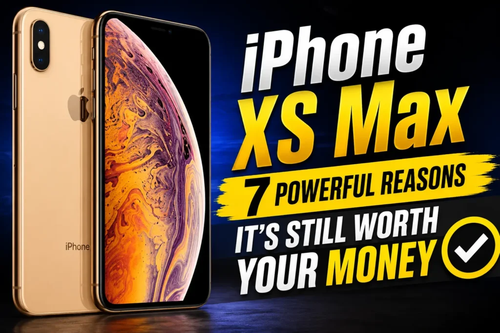 Gold iPhone XS Max thumbnail with bold text highlighting 7 reasons it is still worth the money
