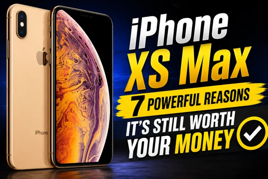 Gold iPhone XS Max thumbnail with bold text highlighting 7 reasons it is still worth the money