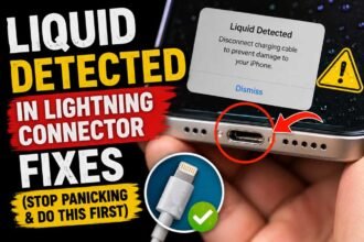 iPhone showing liquid detected warning in Lightning connector with charging port close-up and emergency fix tips