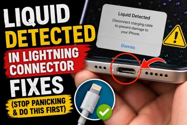 iPhone showing liquid detected warning in Lightning connector with charging port close-up and emergency fix tips