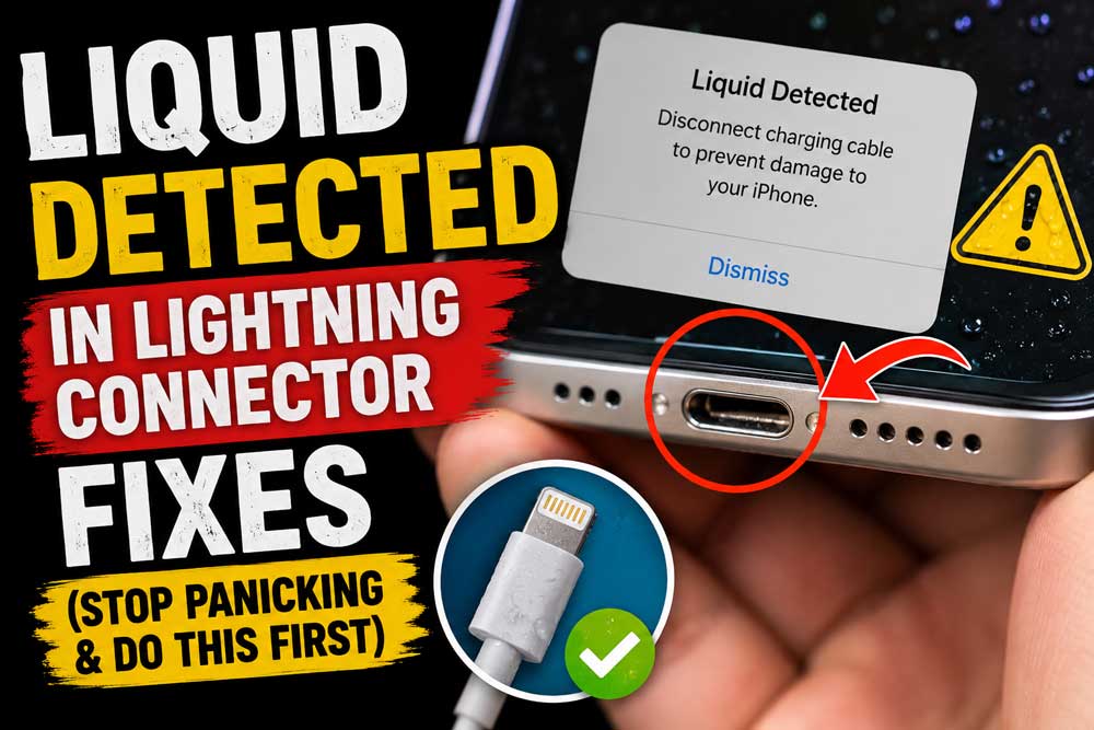 iPhone showing liquid detected warning in Lightning connector with charging port close-up and emergency fix tips