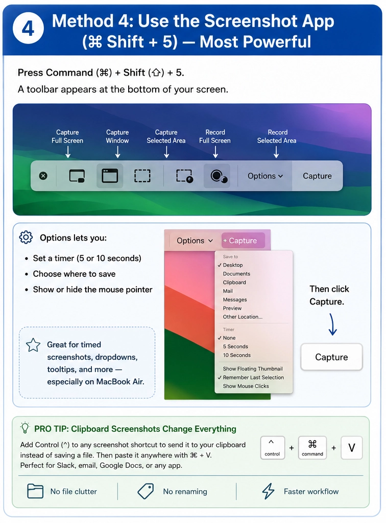 Mac Screenshot App toolbar with capture and recording options