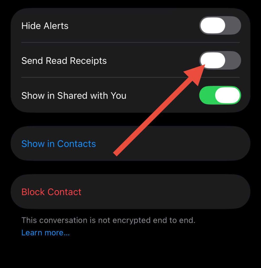Individual contact settings with send read receipts option disabled