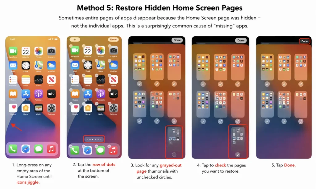 Restore hidden Home Screen pages on iPhone using page dots settings