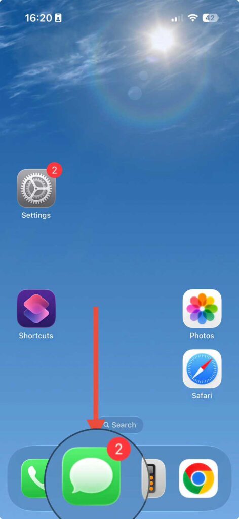 iPhone Messages app showing unread text message badge