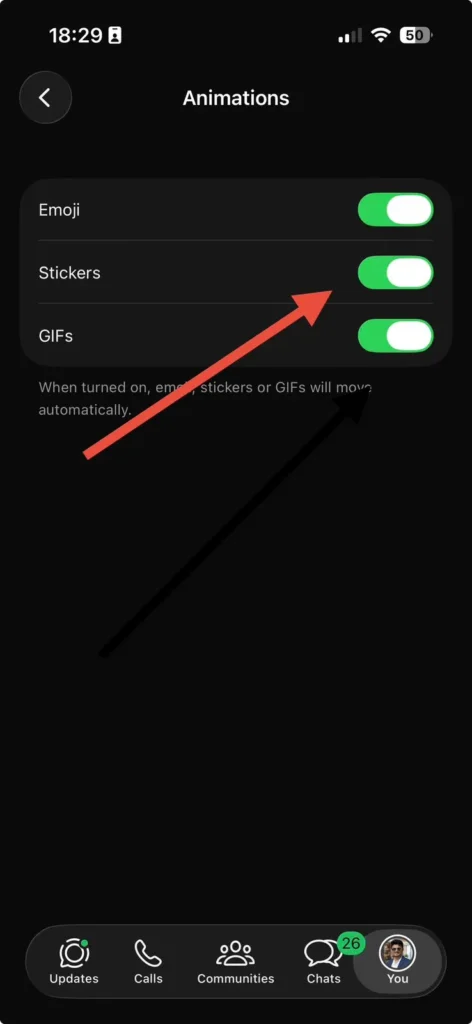 WhatsApp sticker animation settings on iPhone