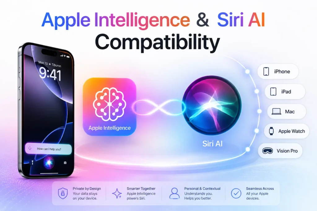 Apple Intelligence and Siri AI compatibility across iPhone, iPad, Mac, Apple Watch, and Vision Pro devices