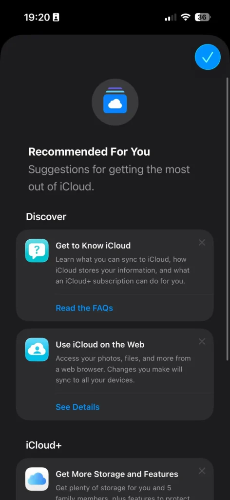 iCloud settings page showing personalized recommendations and suggestions for managing cloud storage and account features.