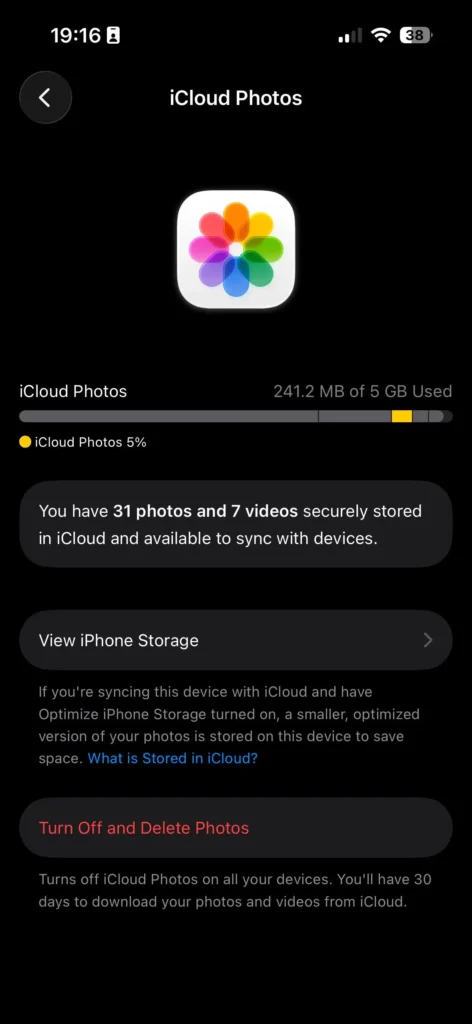 iCloud Photos storage settings on iPhone displaying cloud photo usage and the option to turn off and delete synced photos.