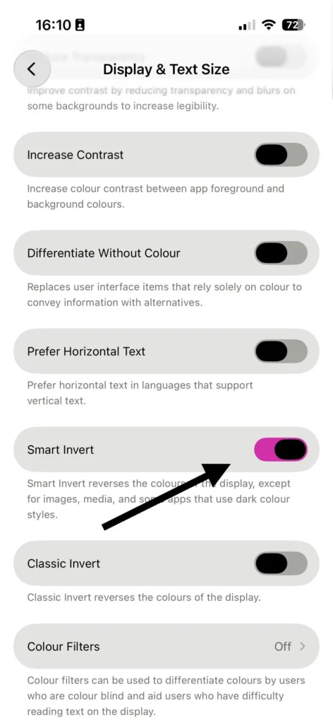 Smart Invert option visible in the Accessibility Shortcut list on iPhone