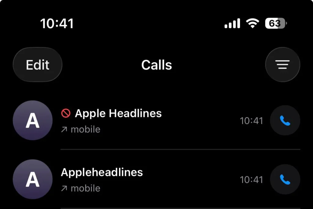 Recent calls screen displaying a blocked contact entry