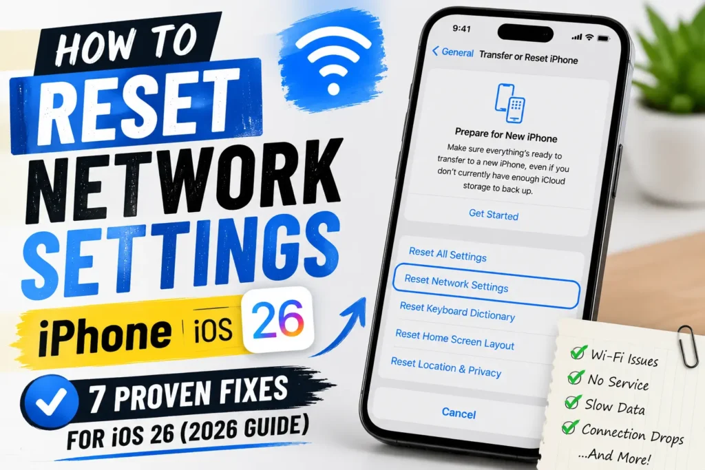 iPhone displaying Reset Network Settings option with visual guide for fixing Wi-Fi, cellular, and network issues in iOS 26