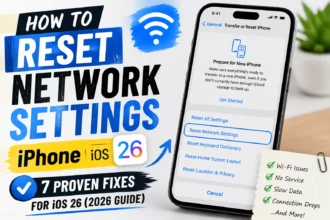 iPhone displaying Reset Network Settings option with visual guide for fixing Wi-Fi, cellular, and network issues in iOS 26
