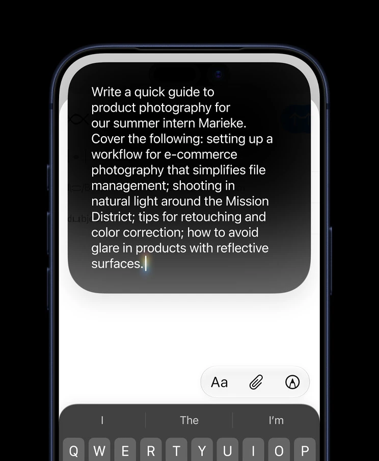 Writing assistance feature helping create a detailed message draft on iPhone