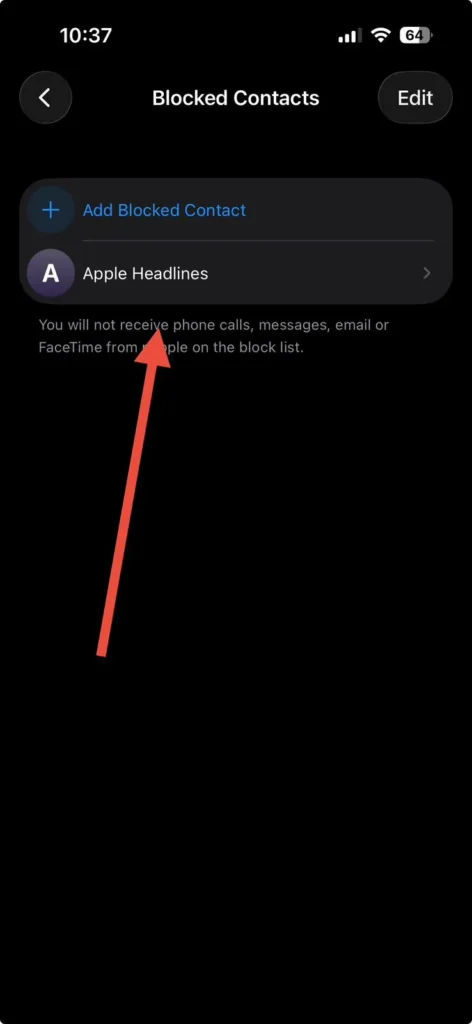 Blocked Contacts list displaying a blocked contact on iPhone