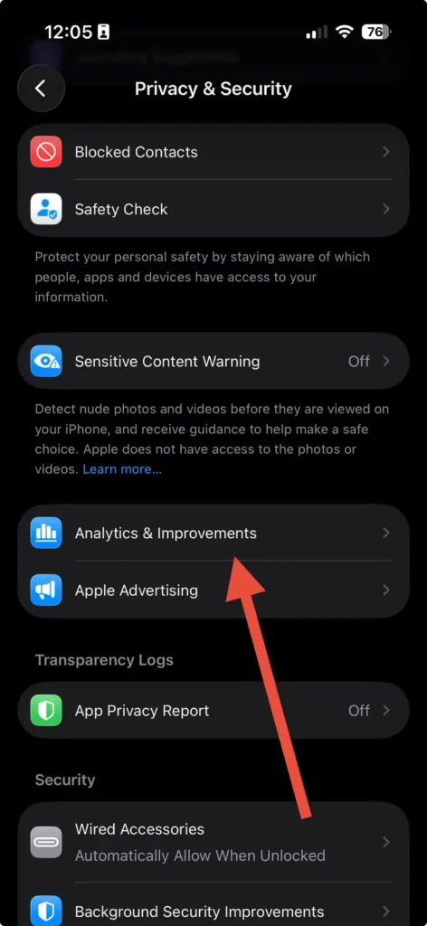 Privacy & Security settings page showing Analytics & Improvements option on iPhone