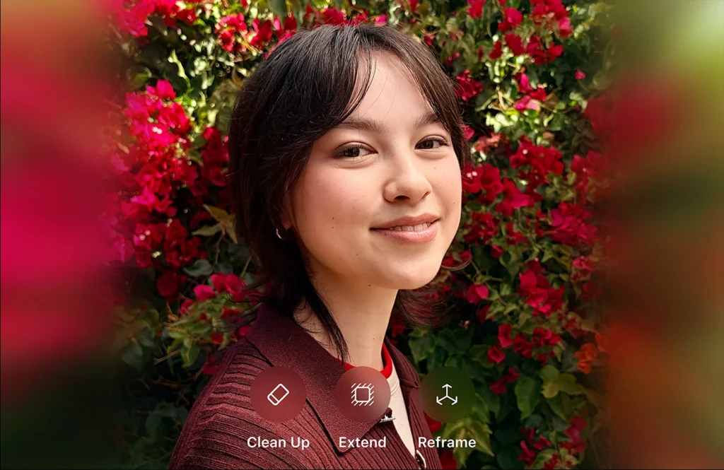 Person portrait with Clean Up, Extend, and Reframe photo editing tools