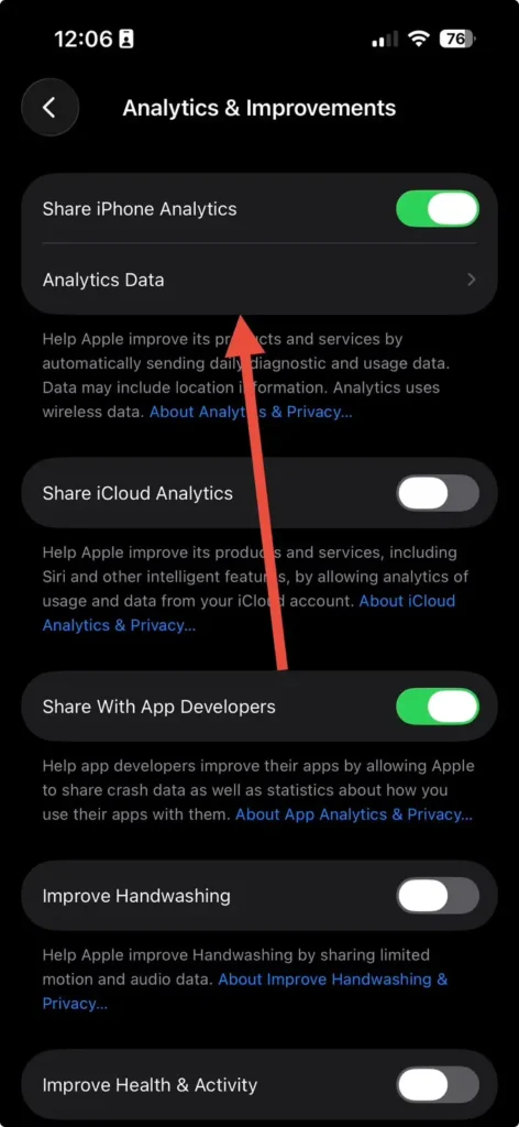 Analytics & Improvements settings displaying Analytics Data option on iPhone