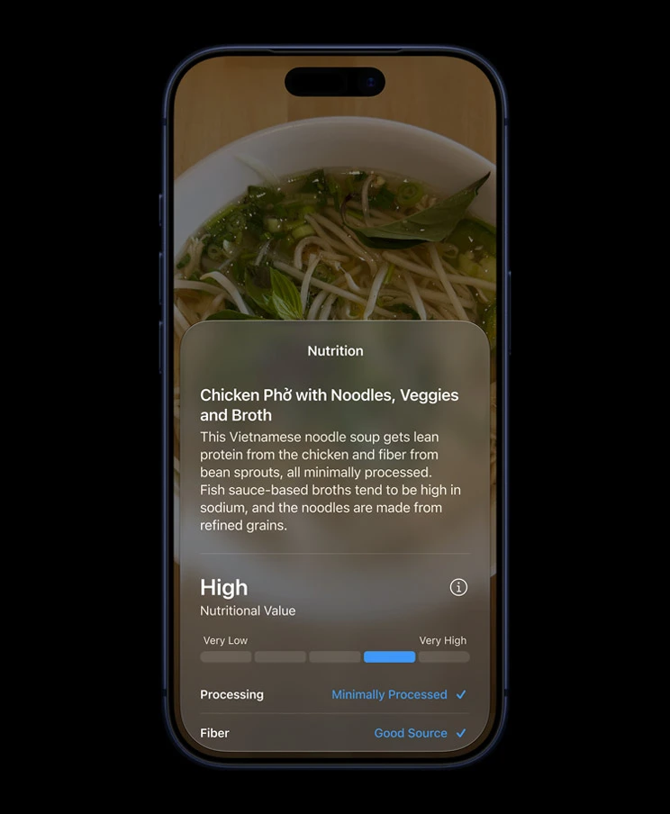 Nutrition information overlay analyzing a bowl of noodle soup on iPhone