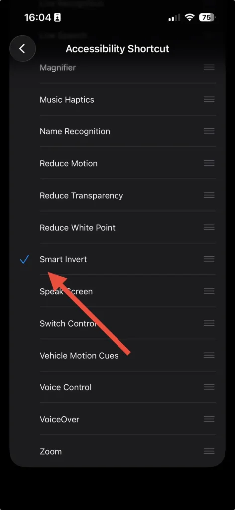 Smart Invert option visible in the Accessibility Shortcut list on iPhone