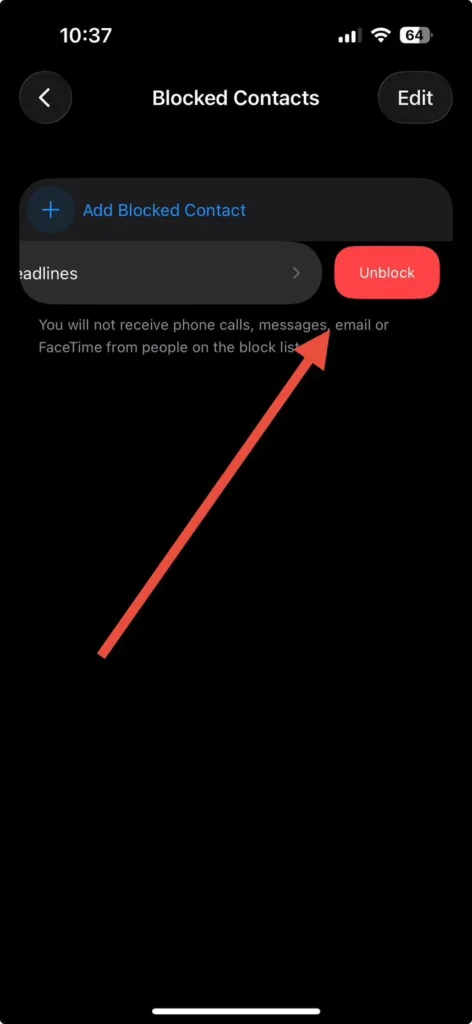 Blocked Contacts list showing swipe action and unblock button