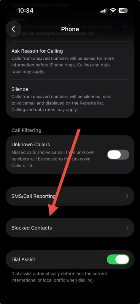 iPhone Phone settings screen highlighting the Blocked Contacts option