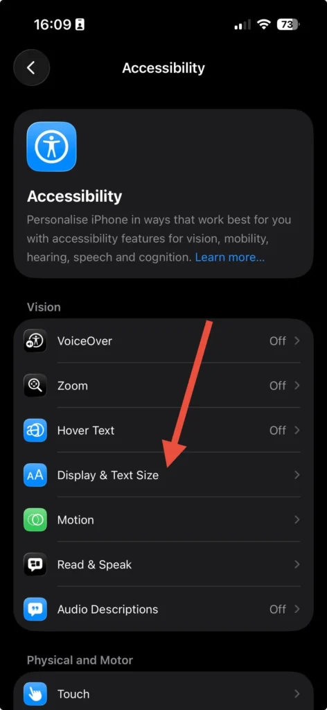 Display & Text Size option highlighted in iPhone Accessibility settings