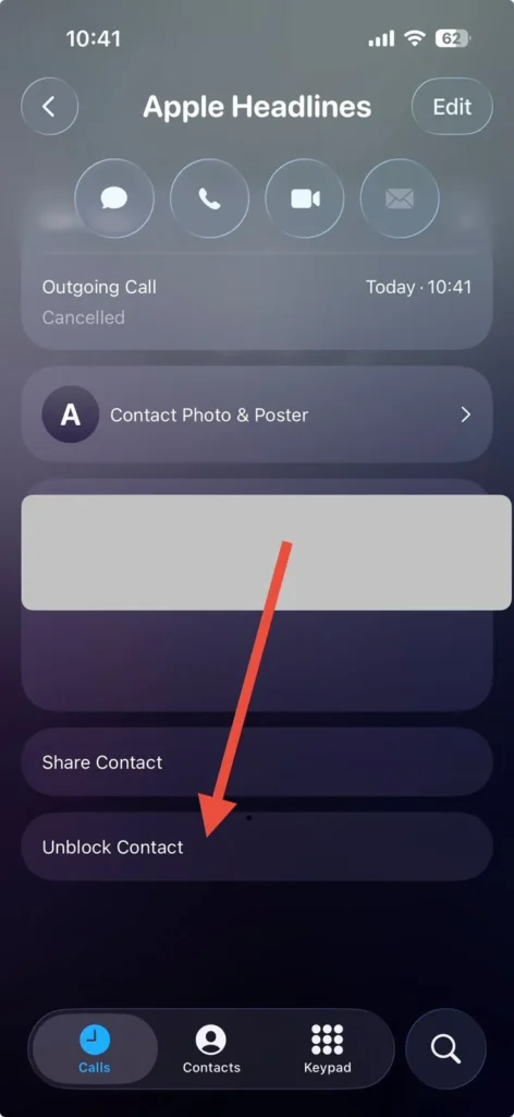 Contact screen with Unblock Contact option highlighted