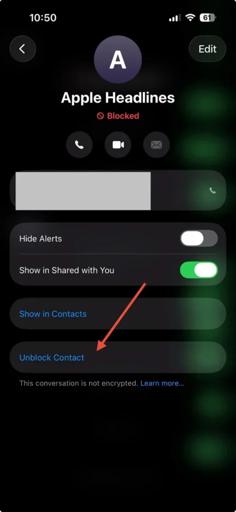 Contact details screen with Unblock Contact option highlighted