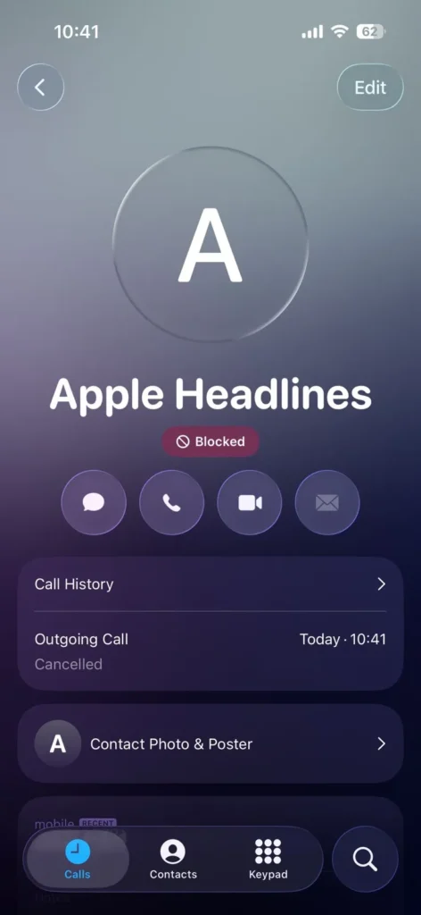 iPhone contact page showing a blocked phone number