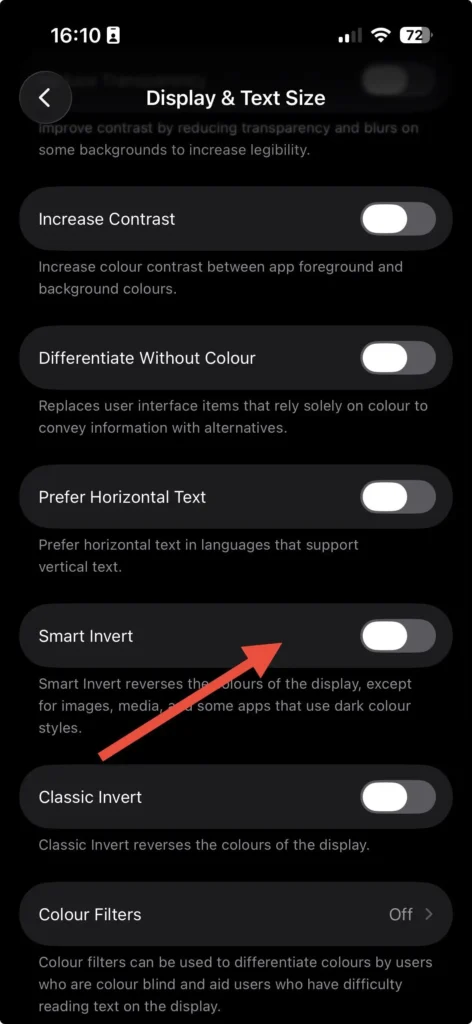 Smart Invert toggle switched off in iPhone Display and Text Size settings