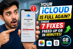 Person holding an iPhone displaying an iCloud storage full alert with graphics highlighting ways to reclaim storage space.