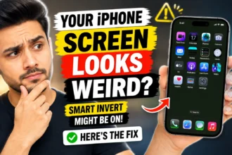 Person holding an iPhone with unusual screen colors and a message explaining how to turn off Smart Invert on iPhone