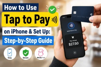 Person using Tap to Pay on iPhone while accepting a contactless card payment, featured in a step-by-step setup and usage guide.