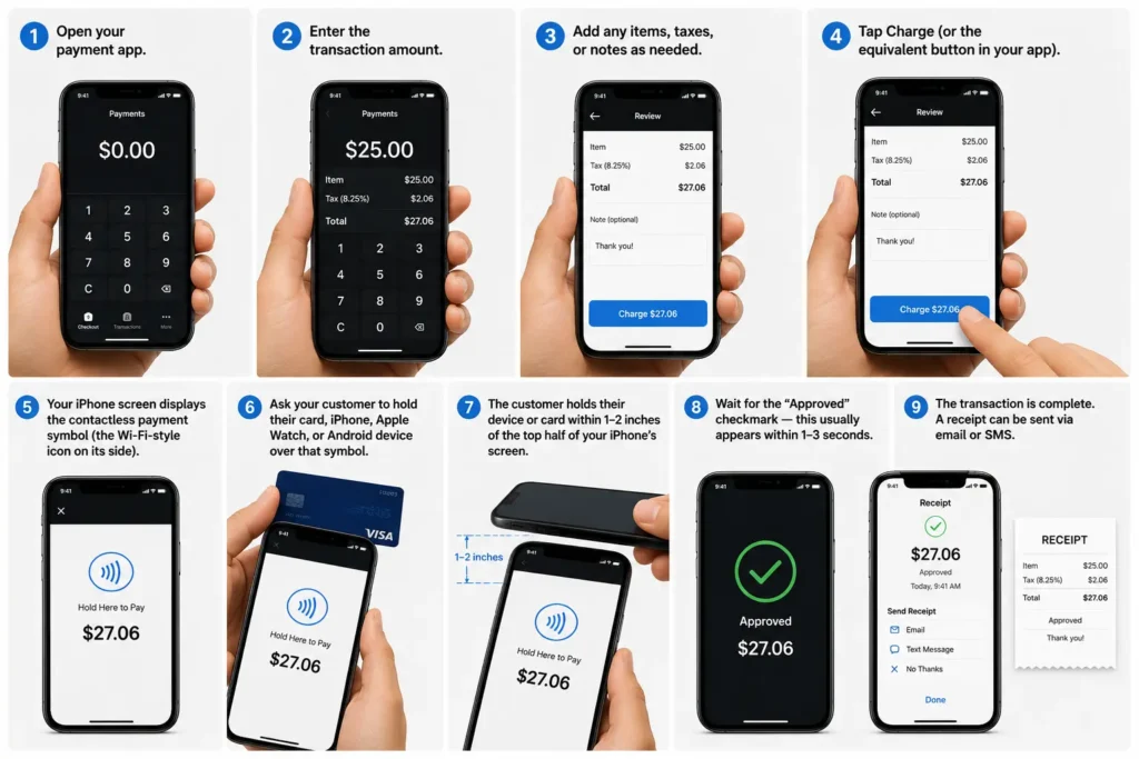 Step-by-step visual guide showing how to accept a contactless payment using Tap to Pay on iPhone, from entering an amount to receiving payment approval.