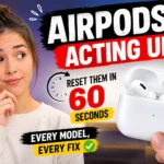 Woman looking at malfunctioning AirPods with a quick guide showing how to reset AirPods in 60 seconds.
