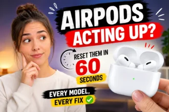 Woman looking at malfunctioning AirPods with a quick guide showing how to reset AirPods in 60 seconds.