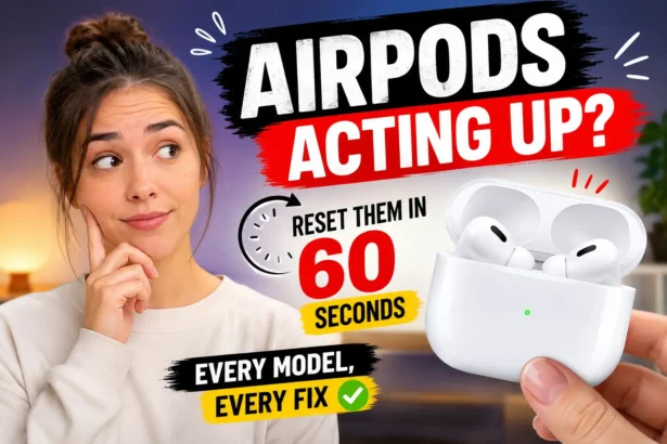 Woman looking at malfunctioning AirPods with a quick guide showing how to reset AirPods in 60 seconds.