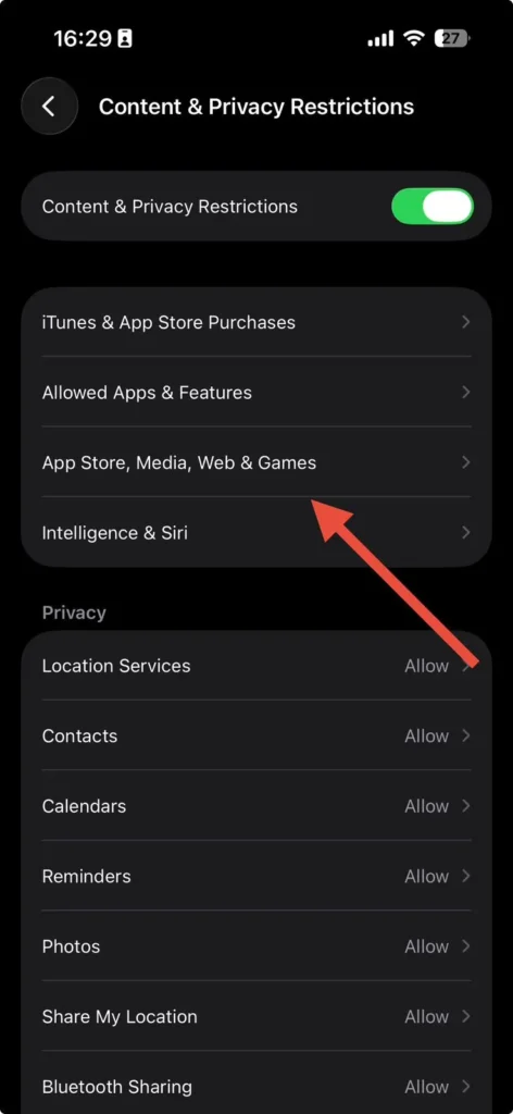 Screen Time restrictions page highlighting App Store, Media, Web and Games settings.