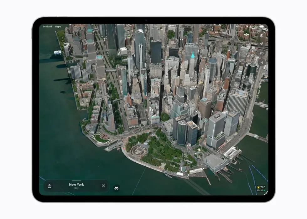 Apple Maps displaying a detailed 3D city view on an iPad with enhanced navigation and mapping features.