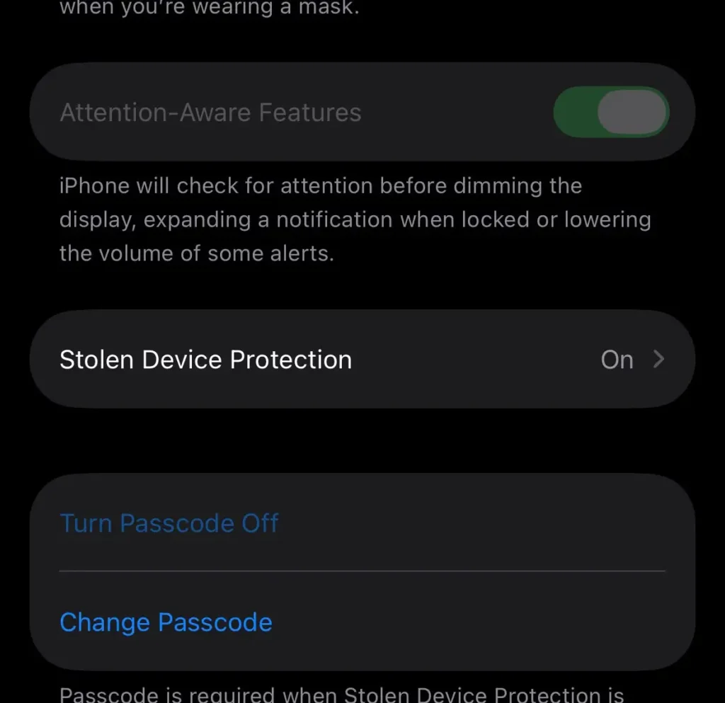 Face ID and Passcode settings showing the Change Passcode option under security settings