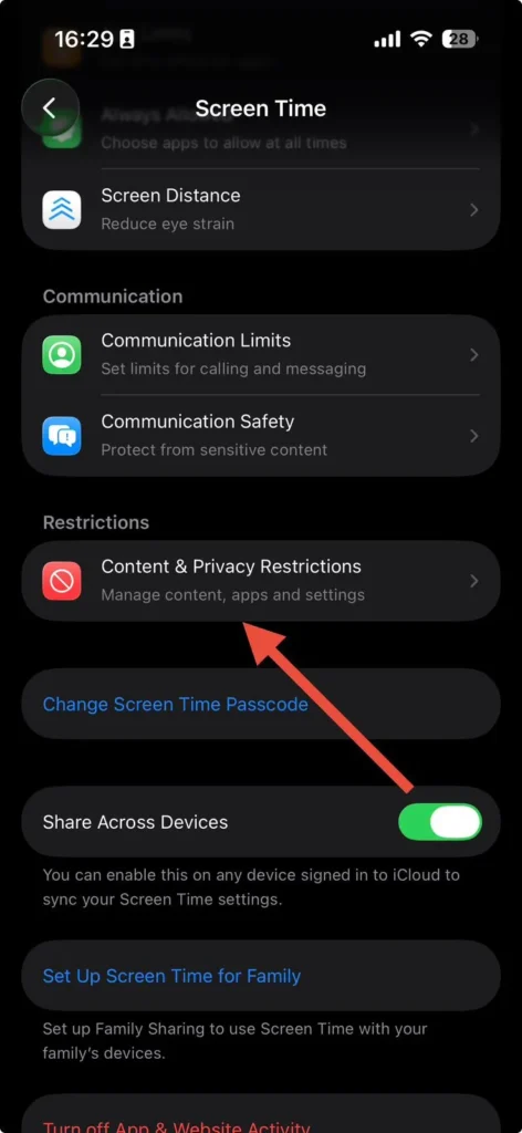 Content and Privacy Restrictions menu in Screen Time settings on an iPhone.