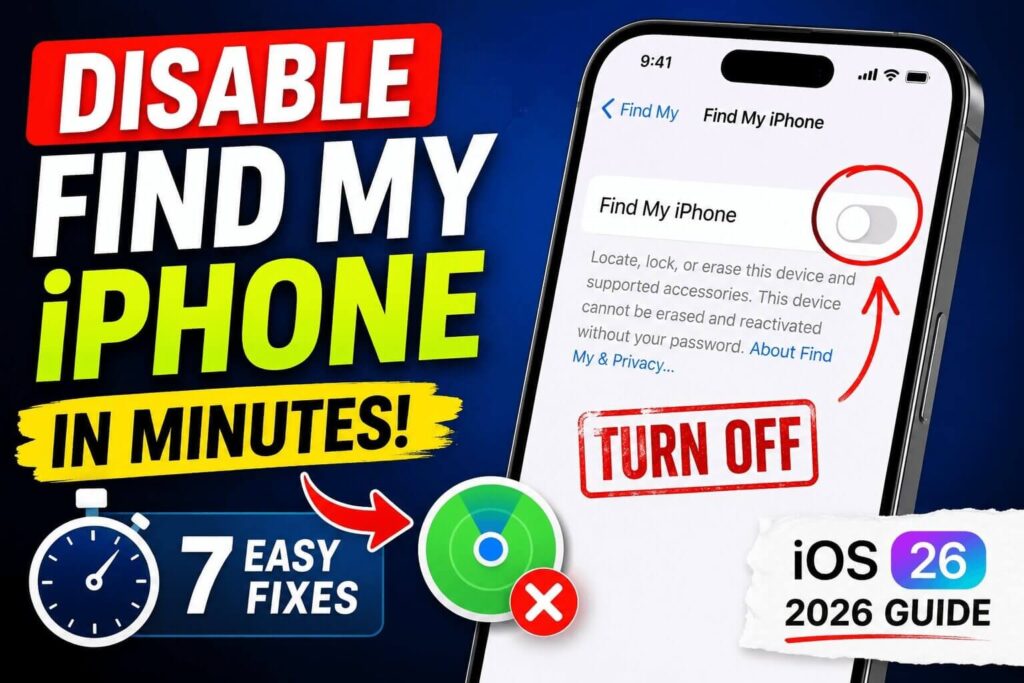 iPhone showing Find My iPhone settings with the feature being turned off on iOS 26 in 2026.